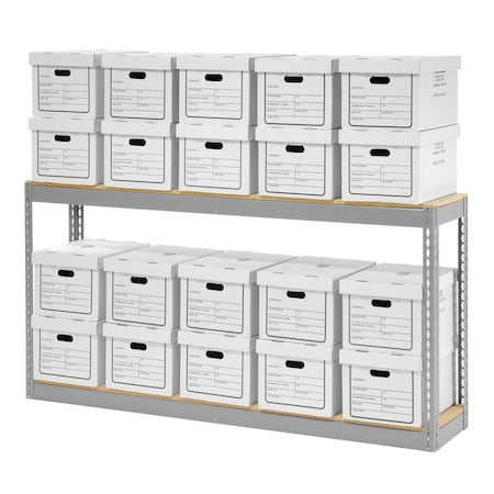 Global Industrial Record Storage Rack With 20 Boxes, 72W x 15D x 36H, Gray 130154
